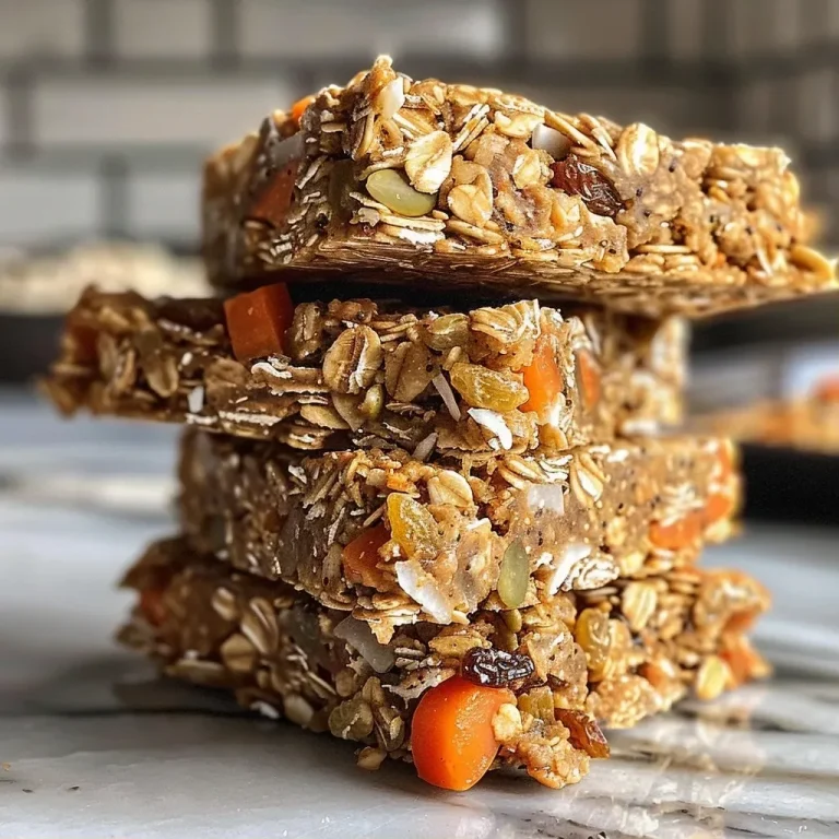 ['Close-up of carrot cake granola bars showcasing their texture and ingredients.', 'Side view of delicious carrot cake granola bars with visible oats and raisins.', 'Detailed image of healthy carrot cake granola bars with grated carrot and coconut.', 'Juicy carrot cake granola bars displayed with a focus on their chewy consistency.']
