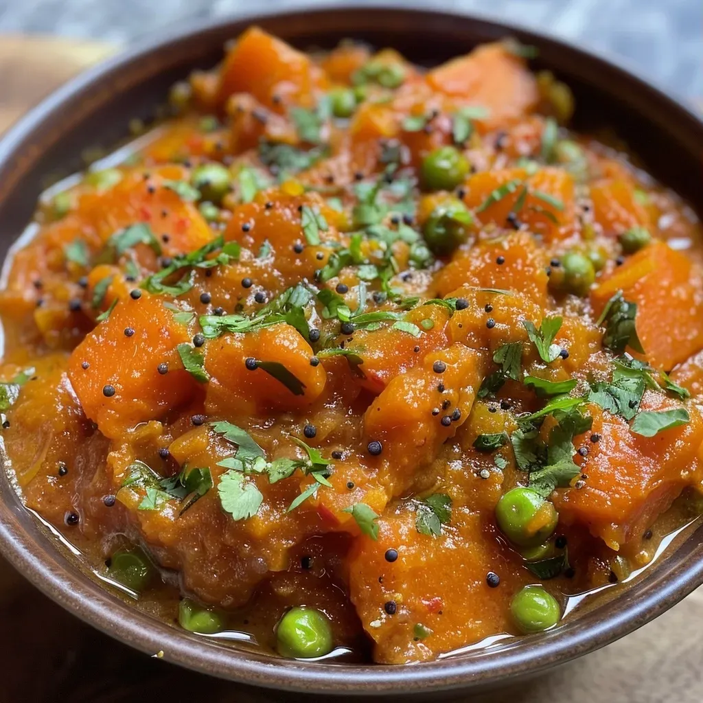A close-up view of a vibrant carrot curry in a bowl, garnished with fresh herbs.