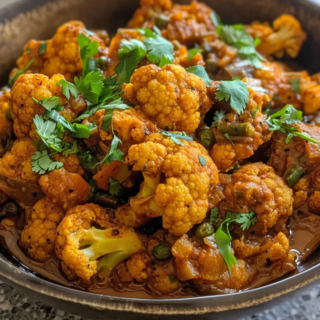 ['Close-up view of a delicious bowl of Cauliflower Curry, showcasing vibrant colors and textures.', 'A side perspective of juicy Cauliflower Curry in a bowl, highlighting its rich, golden hue and fresh ingredients.', 'Detailed close-up of Cauliflower Curry, featuring chunks of cauliflower and spices, beautifully plated.', 'Artistic shot of Cauliflower Curry in a bowl, garnished with coriander leaves, emphasizing its appetizing appearance.']