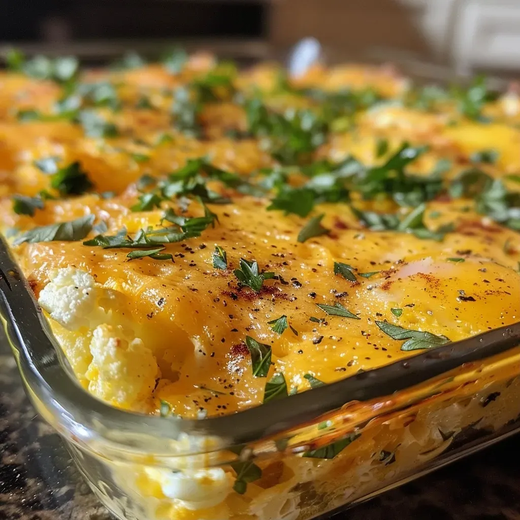 A close-up view of a golden-brown cauliflower egg bake topped with melted cheese.