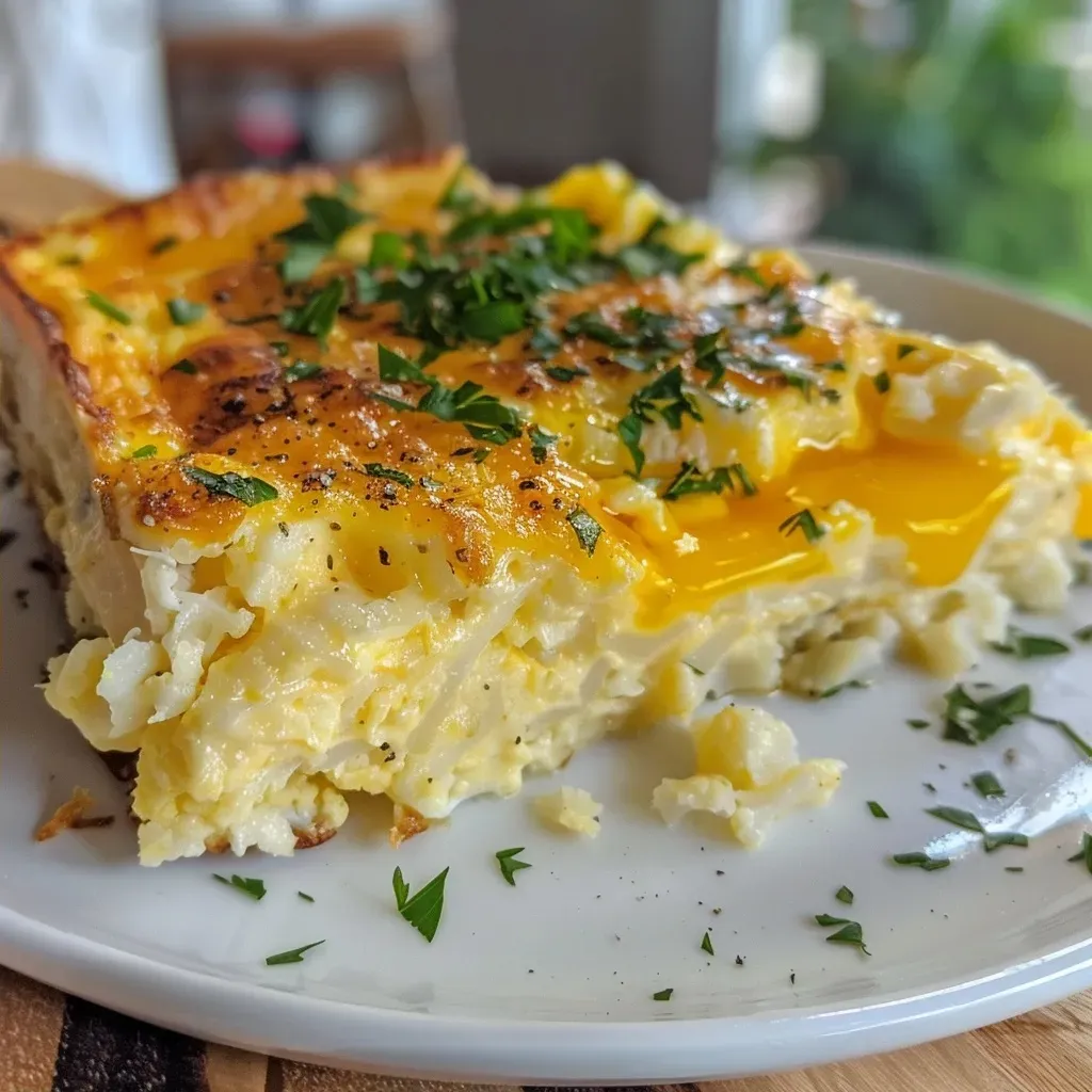 A close-up view of a golden-brown cauliflower egg bake topped with melted cheese.