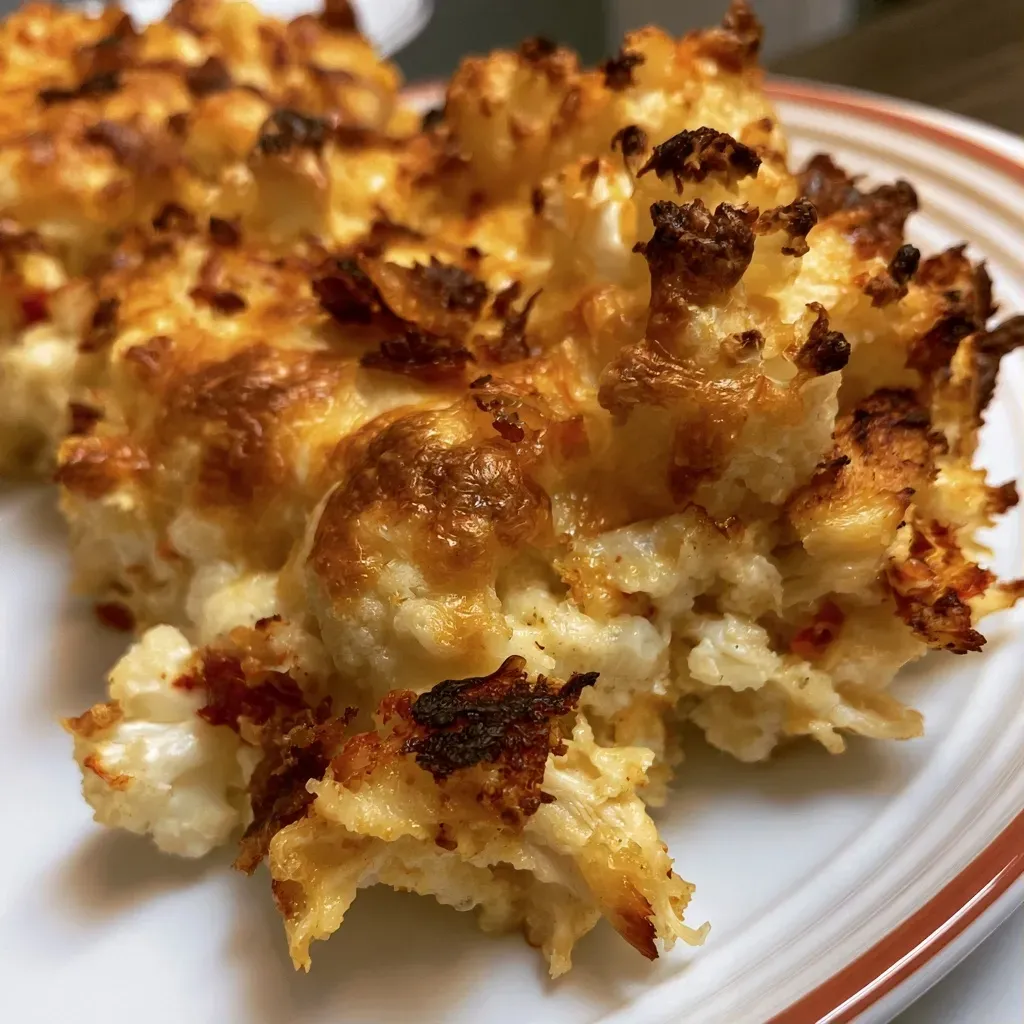 Close-up view of a hearty chicken cauliflower casserole with melted cheese on top.