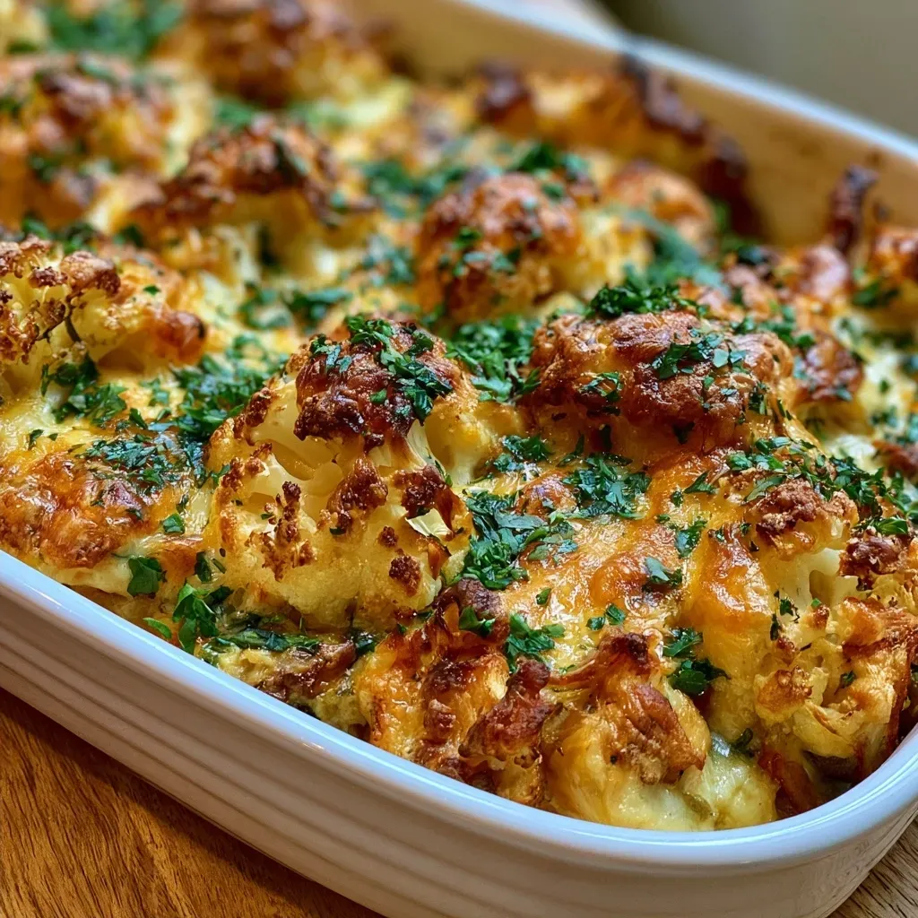 Close-up view of a hearty chicken cauliflower casserole with melted cheese on top.