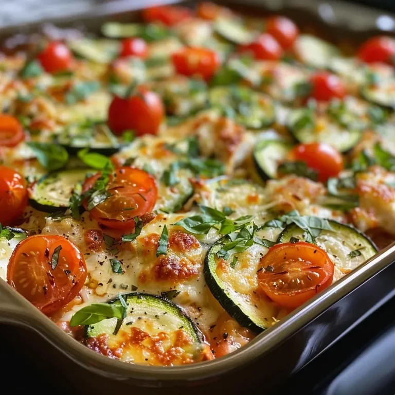 ['Close-up view of a Chicken Zucchini Bake, showcasing layers of chicken, zucchini, and melted cheese.', 'Side view of a Chicken Zucchini Bake with vibrant cherry tomatoes and a golden cheese topping.', 'Juicy Chicken Zucchini Bake presented on a plate, highlighting fresh ingredients and creamy textures.', 'Detailed image of a Chicken Zucchini Bake, featuring shredded chicken, zucchini slices, and a cheesy crust.']