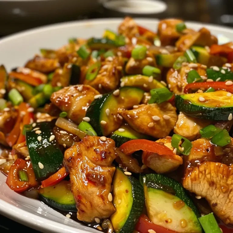 ['Close-up of a colorful Chicken Zucchini Stir Fry with vibrant vegetables.', 'Juicy Chicken Zucchini Stir Fry featuring sliced zucchini, bell pepper, and onion.', 'Side view of a hearty Chicken Zucchini Stir Fry with garlic and sesame seeds.', 'Delicious stir fry dish with chicken, zucchini, and garnished with green onions.']