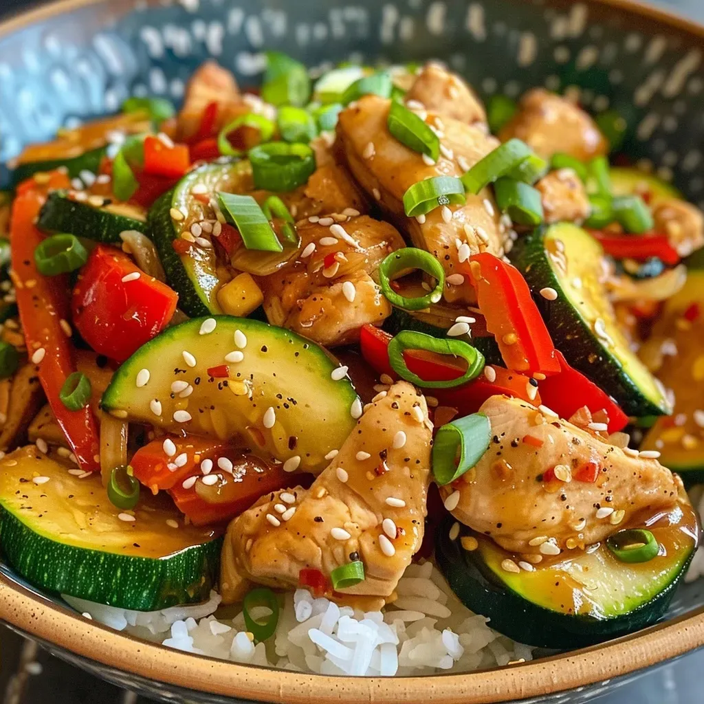 ['Close-up of a colorful Chicken Zucchini Stir Fry with vibrant vegetables.', 'Juicy Chicken Zucchini Stir Fry featuring sliced zucchini, bell pepper, and onion.', 'Side view of a hearty Chicken Zucchini Stir Fry with garlic and sesame seeds.', 'Delicious stir fry dish with chicken, zucchini, and garnished with green onions.']
