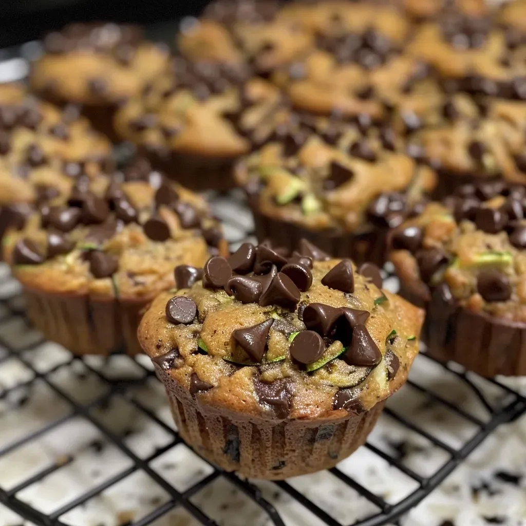 ['Close-up view of moist chocolate chip zucchini muffins with chocolate chips on top.', 'Side view of freshly baked chocolate chip zucchini muffins, showcasing their texture and chocolatey goodness.', 'Detailed shot of chocolate chip zucchini muffins highlighting the melted chocolate and grated zucchini.', 'Tempting view of chocolate chip zucchini muffins, featuring a golden-brown crust and chocolate chips.']
