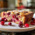 ['A close-up side view of a moist cranberry breakfast cake with bright red cranberries visible.', 'Juicy cranberry breakfast cake showcasing its fluffy texture and glistening sugar topping.', 'Side view of a delicious cranberry cake, revealing whole cranberries embedded in the batter.', 'Close-up of a cranberry breakfast cake slice, highlighting its inviting golden crust and juicy filling.']