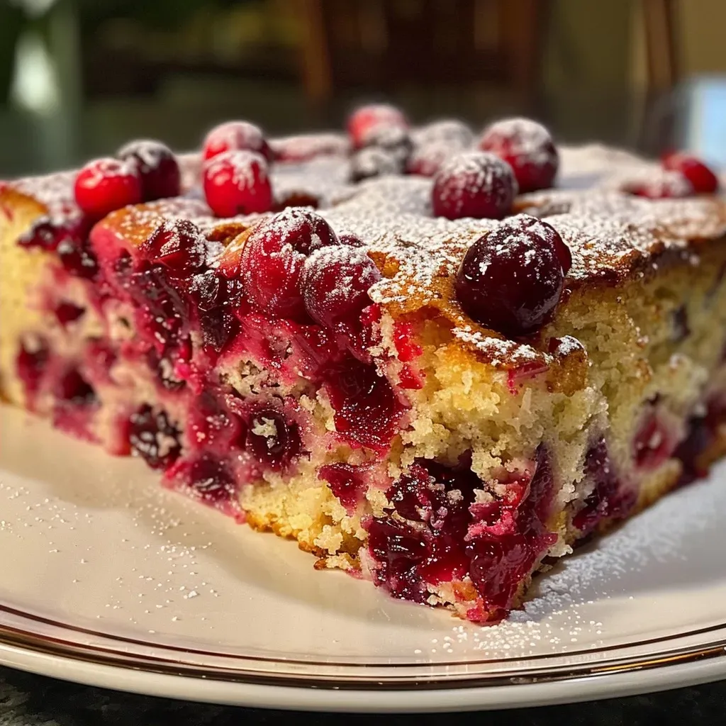 ['A close-up side view of a moist cranberry breakfast cake with bright red cranberries visible.', 'Juicy cranberry breakfast cake showcasing its fluffy texture and glistening sugar topping.', 'Side view of a delicious cranberry cake, revealing whole cranberries embedded in the batter.', 'Close-up of a cranberry breakfast cake slice, highlighting its inviting golden crust and juicy filling.']