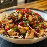 ['Close-up view of a colorful Cranberry Chicken Stir Fry filled with various ingredients.', 'A vibrant bowl of Cranberry Chicken Stir Fry showcasing chicken, cranberries, and vegetables.', 'Side view of juicy Cranberry Chicken Stir Fry with glossy sauce and fresh ingredients.', 'Detailed look at a dish of Cranberry Chicken Stir Fry, highlighting the textures and colors.']