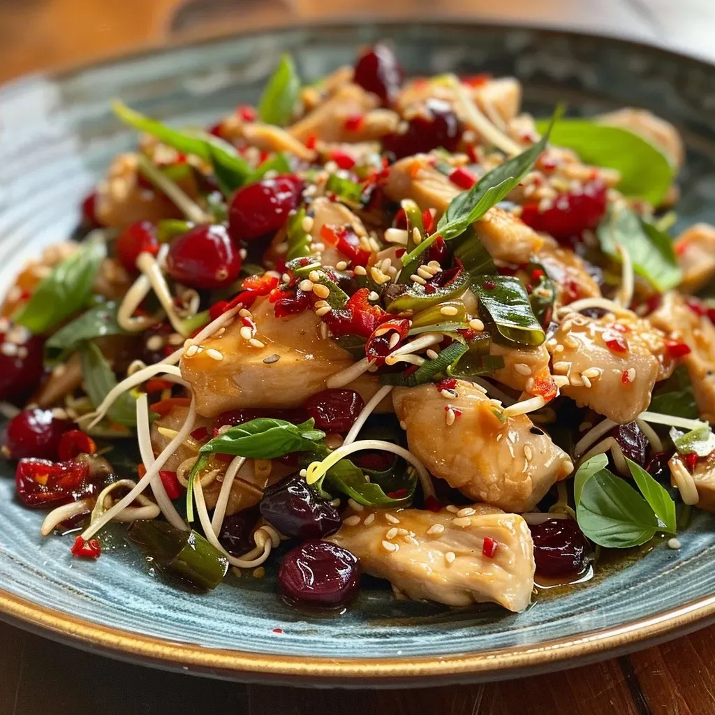 Close-up view of a colorful Cranberry Chicken Stir Fry filled with various ingredients.