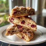 ['A close-up of golden-brown cranberry scones with visible cranberries, displayed on a rustic wooden surface.', 'Side view of freshly baked cranberry scones, showcasing their flaky texture and vibrant cranberry pieces.', 'Juicy cranberry scones arranged neatly, highlighting their crumbly exterior and enticing glaze.', 'A mouthwatering display of cranberry scones, emphasizing their fluffy interior and rich coloration.']