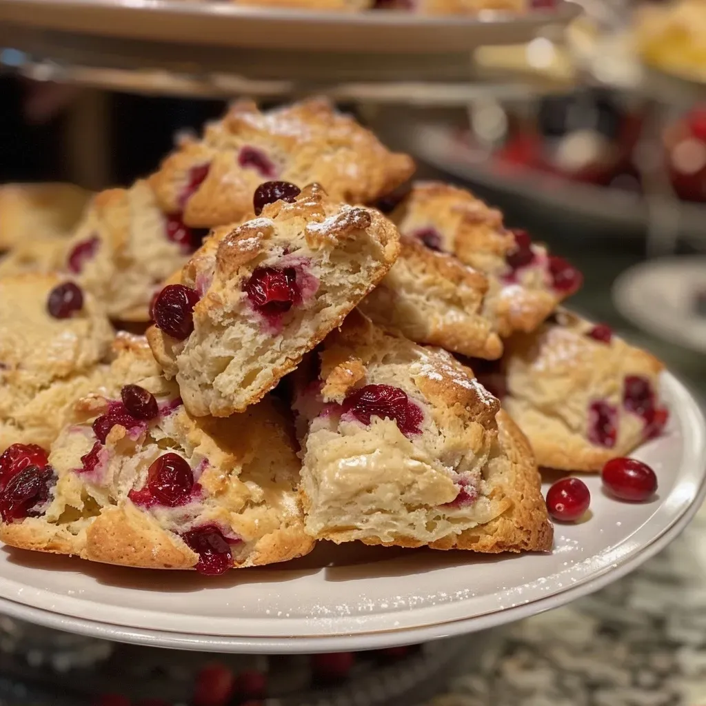 A close-up of golden-brown cranberry scones with visible cranberries, displayed on a rustic wooden surface.