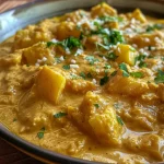['Close-up view of creamy apple curry with visible chunks of apple and garnished with parsley.', 'Side view of a bowl of creamy apple curry showcasing vibrant colors and textures.', 'Juicy apple curry presented in a bowl, featuring diced apples and a creamy sauce.', 'Close-up of a delicious creamy apple curry with spices and apples, elegantly plated.']