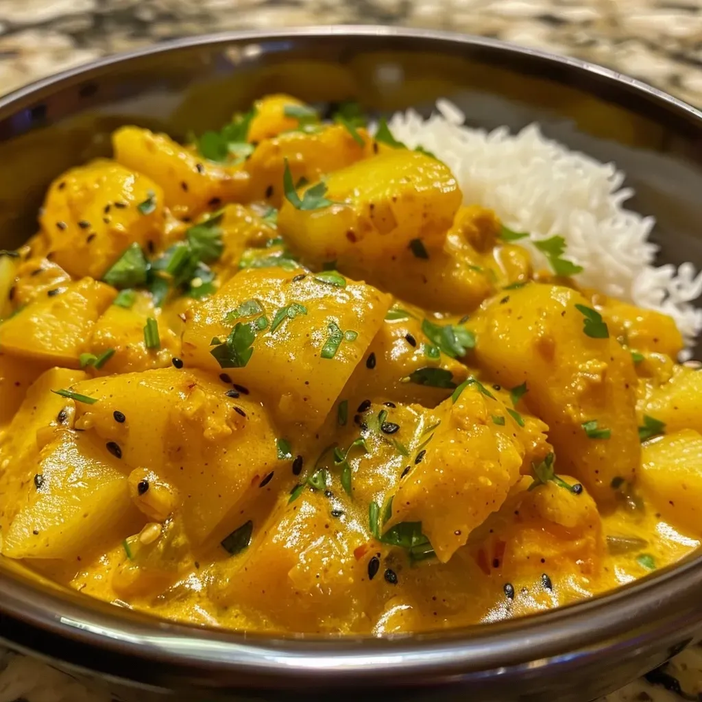 ['Close-up view of creamy apple curry with visible chunks of apple and garnished with parsley.', 'Side view of a bowl of creamy apple curry showcasing vibrant colors and textures.', 'Juicy apple curry presented in a bowl, featuring diced apples and a creamy sauce.', 'Close-up of a delicious creamy apple curry with spices and apples, elegantly plated.']