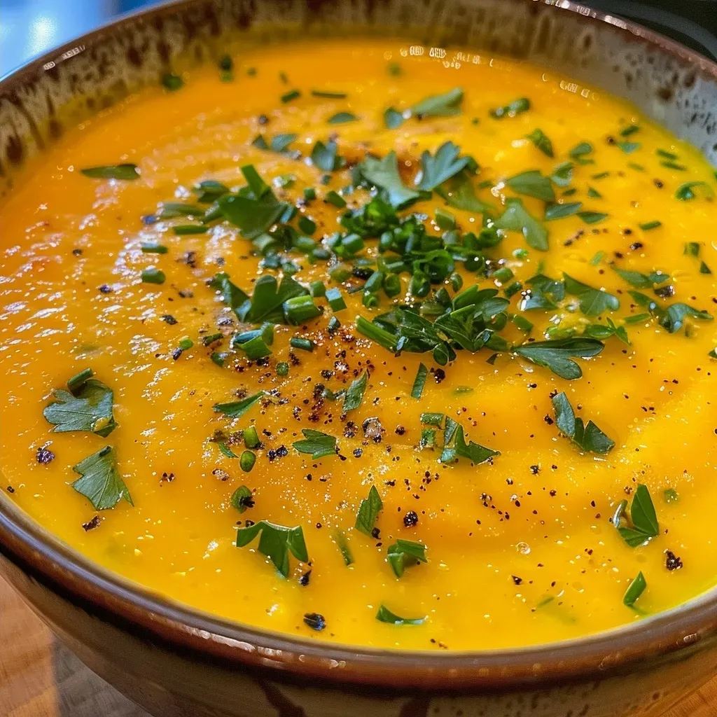 ['Close-up of creamy carrot and ginger soup in a bowl, garnished with fresh herbs.', 'Side view of a bowl of carrot and ginger soup, showcasing its vibrant orange color.', 'Creamy carrot soup with ginger, served in a white bowl, displaying a smooth texture.', 'A richly colored bowl of vegan carrot and ginger soup, with a drizzle of coconut cream.']