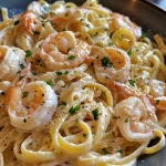 ['A close-up side view of creamy garlic shrimp pasta with visible shrimp and herbs.', 'Juicy shrimp nestled in a creamy pasta dish, showcasing garlic and parsley garnish.', 'A vibrant plate of linguine garnished with shrimp and fresh parsley in a creamy sauce.', 'A detailed side view of pasta featuring succulent shrimp and a rich garlic cream sauce.']