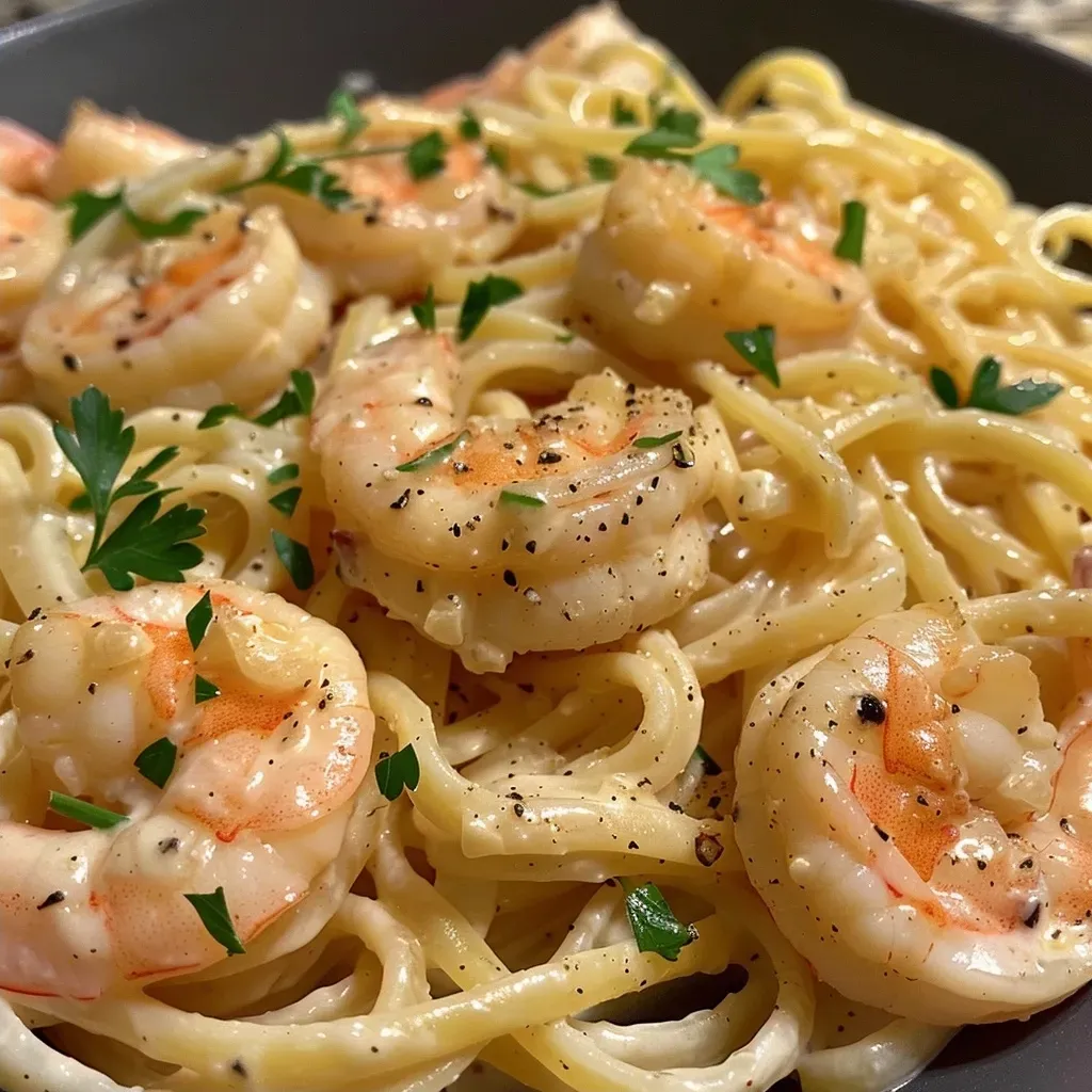 ['A close-up side view of creamy garlic shrimp pasta with visible shrimp and herbs.', 'Juicy shrimp nestled in a creamy pasta dish, showcasing garlic and parsley garnish.', 'A vibrant plate of linguine garnished with shrimp and fresh parsley in a creamy sauce.', 'A detailed side view of pasta featuring succulent shrimp and a rich garlic cream sauce.']