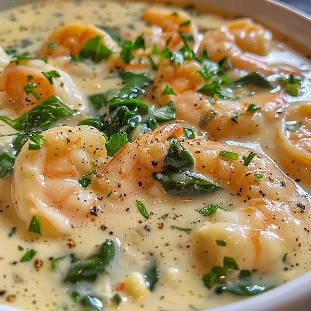 A close-up view of a creamy shrimp soup with visible shrimp, spinach, and garnishes.