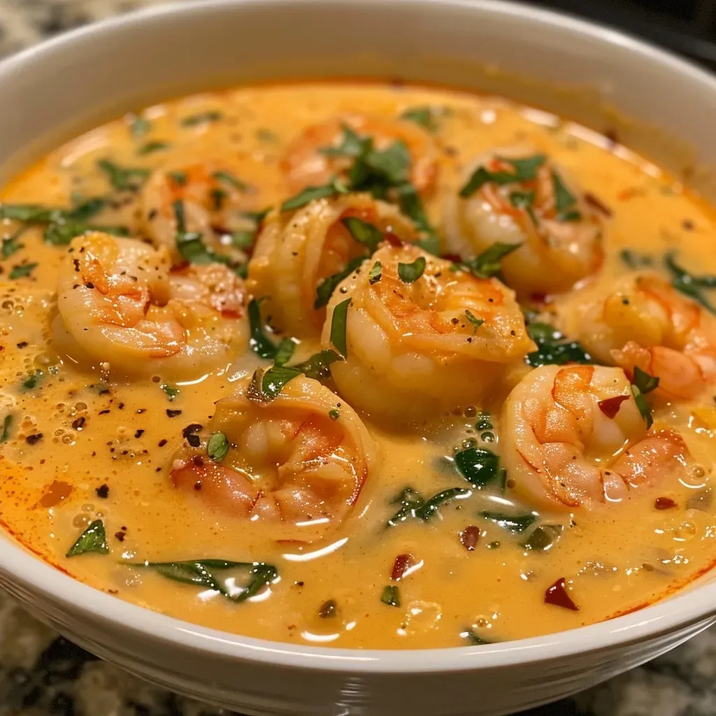 A close-up view of a creamy shrimp soup with visible shrimp, spinach, and garnishes.