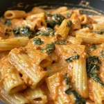['Creamy spinach pasta dish with a rich sauce and melted cheese.', 'Close-up of creamy spinach pasta garnished with garlic and cheese.', 'Juicy spinach pasta topped with mozzarella and spinach in a bowl.', 'Side view of creamy pasta with garlic, spinach, and a rich tomato sauce.']