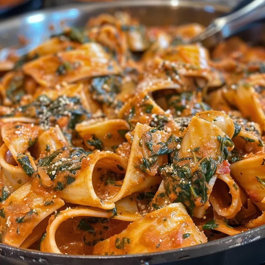 ['Creamy spinach pasta dish with a rich sauce and melted cheese.', 'Close-up of creamy spinach pasta garnished with garlic and cheese.', 'Juicy spinach pasta topped with mozzarella and spinach in a bowl.', 'Side view of creamy pasta with garlic, spinach, and a rich tomato sauce.']