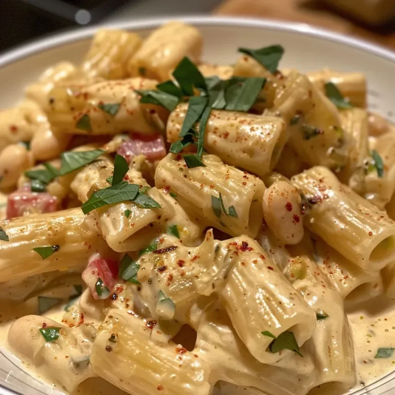['Creamy white bean pasta in a bowl, garnished and side view.', 'Close-up shot of creamy white bean pasta with a rich sauce.', 'Side view of a serving of creamy white bean pasta, showing its texture.', 'Delicious creamy white bean pasta topped with a sprinkle of nutritional yeast.']