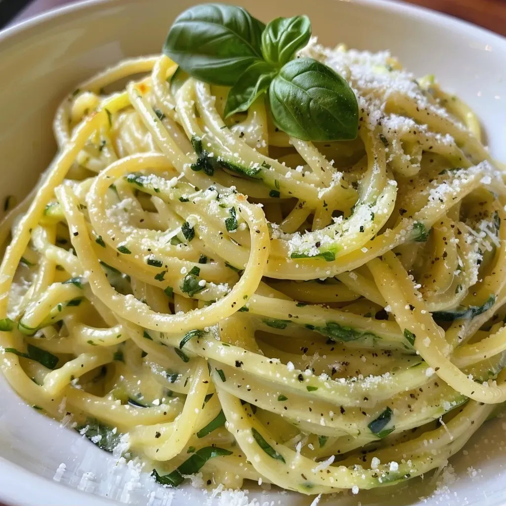 ['A close-up view of creamy zucchini pasta with fresh basil on top.', 'A side view of a bowl filled with creamy zucchini pasta garnished with Parmesan.', 'A detailed shot of creamy zucchini pasta featuring sliced zucchinis and herbs.', 'A vibrant close-up of delicious creamy pasta made with zucchini and herbs.']