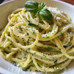 ['Close-up of a creamy zucchini pasta dish garnished with fresh herbs.', 'Side view of a plate of creamy zucchini pasta with grated cheese on top.', 'Juicy and delicious creamy zucchini pasta served in a bowl.', 'Appetizing creamy zucchini pasta ready to be enjoyed with a fork.']