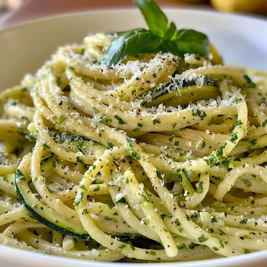 ['Close-up of a creamy zucchini pasta dish garnished with fresh herbs.', 'Side view of a plate of creamy zucchini pasta with grated cheese on top.', 'Juicy and delicious creamy zucchini pasta served in a bowl.', 'Appetizing creamy zucchini pasta ready to be enjoyed with a fork.']