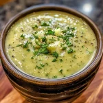 ['Close-up of a bowl filled with creamy zucchini soup topped with shredded cheddar cheese.', 'Side view of a smooth, green creamy zucchini soup with herbs sprinkled on top.', 'Rich, creamy zucchini soup in a bowl, showing chunks of vegetables and cheese.', 'A vibrant green creamy soup in a bowl, garnished with herbs and a creamy texture.']