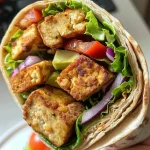 ['Close-up view of a Crispy Veggie Tofu Wrap with vibrant vegetables and tofu.', 'Side angle of a Crispy Veggie Tofu Wrap showcasing fresh ingredients and vegan ranch.', 'Juicy Crispy Veggie Tofu Wrap filled with lettuce, tomato, avocado, and red onion.', 'Crispy Veggie Tofu Wrap drizzled with vegan ranch, highlighting colorful veggie layers.']
