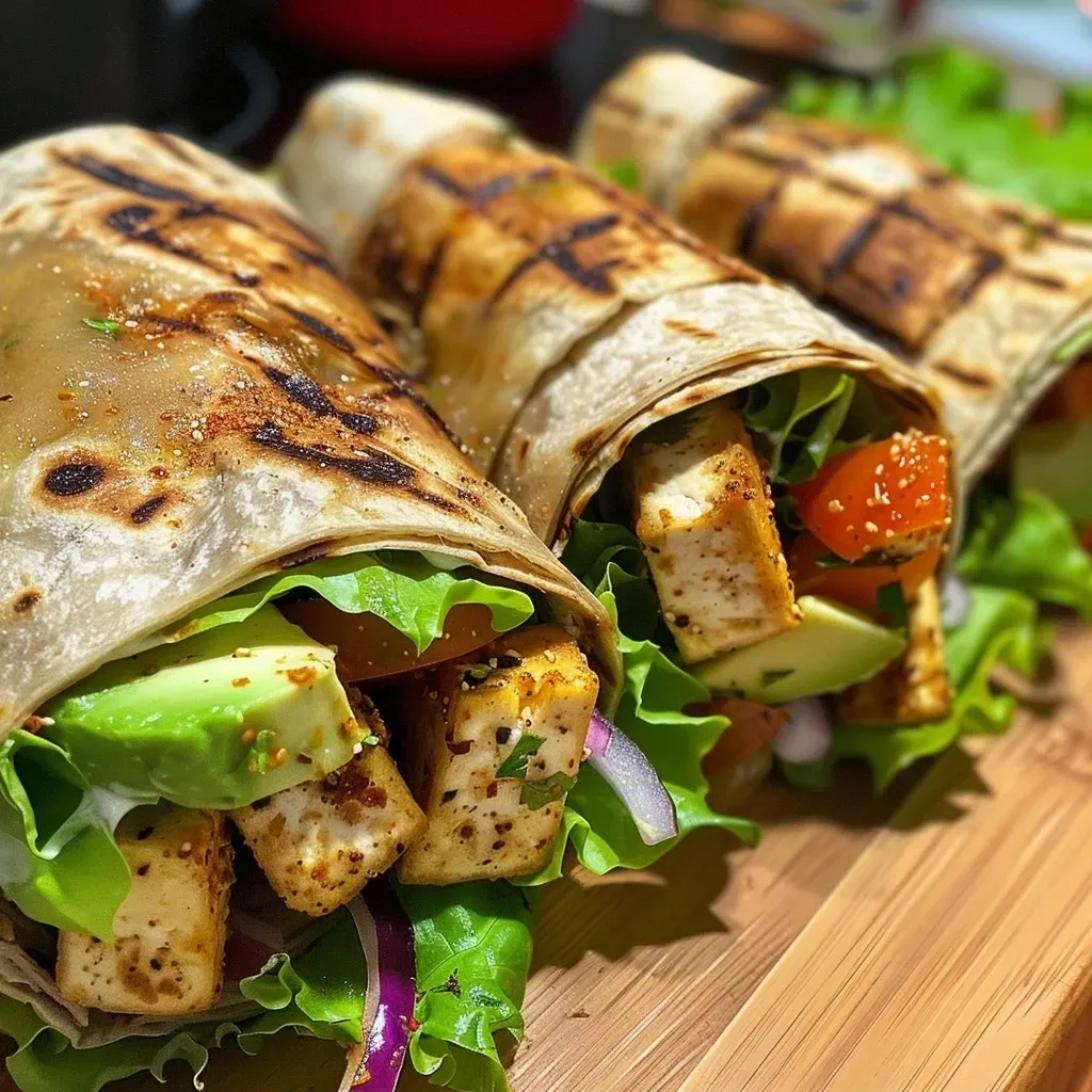 Close-up view of a Crispy Veggie Tofu Wrap with vibrant vegetables and tofu.