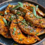 ['Close-up view of air-fried pumpkin, showcasing its golden-brown color and texture.', 'Side view of juicy air-fried pumpkin slices garnished with herbs and spices.', 'Detailed shot of crispy air-fried pumpkin, highlighting seasoning and toppings.', 'Tasty air-fried pumpkin presented with a sprinkle of parmesan cheese and pumpkin seeds.']