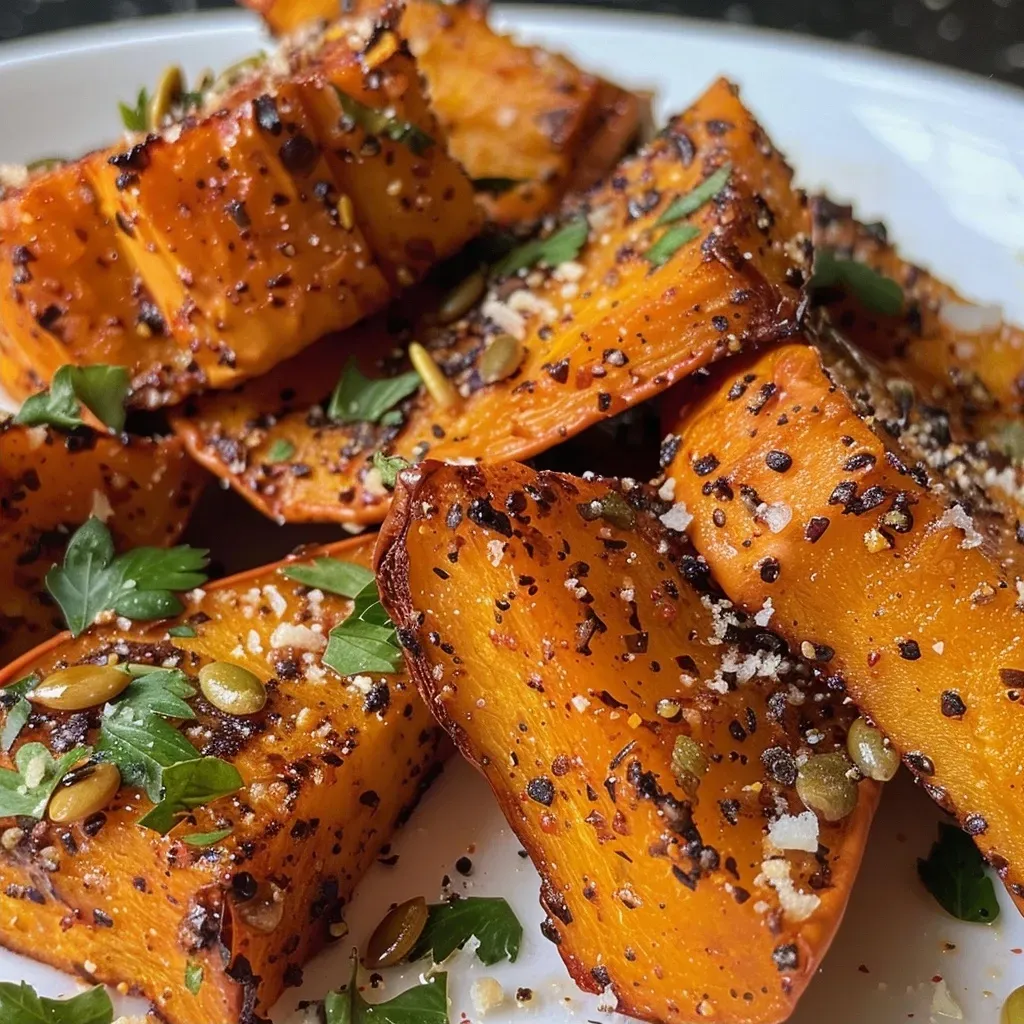 Close-up view of air-fried pumpkin, showcasing its golden-brown color and texture.