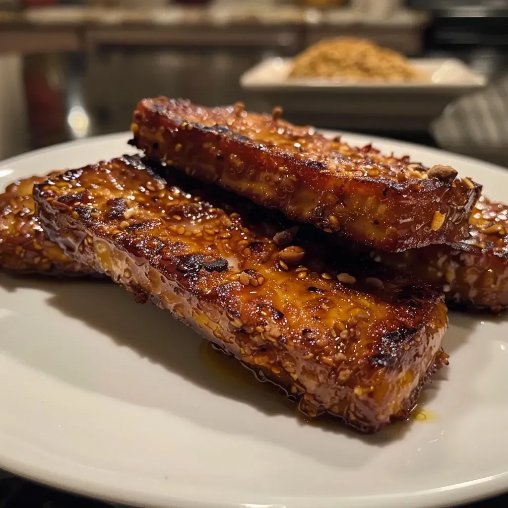 Close-up of a juicy baked tempeh block with a golden crust, showing a side view.