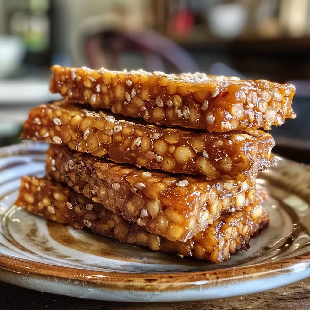 Close-up of a juicy baked tempeh block with a golden crust, showing a side view.