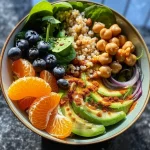 ['A close-up side view of a vibrant Buddha bowl filled with greens, grains, chickpeas, and colorful fruits.', 'A detailed image of a colorful Buddha bowl featuring leafy greens, avocado, and a variety of toppings.', 'A side view of a nutritious Buddha bowl showcasing grains, chickpeas, sliced oranges, and fresh veggies.', 'A mouthwatering Buddha bowl arranged with bright ingredients like blueberries, carrots, and red onion.']