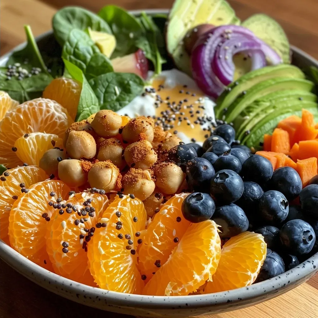 A close-up side view of a vibrant Buddha bowl filled with greens, grains, chickpeas, and colorful fruits.