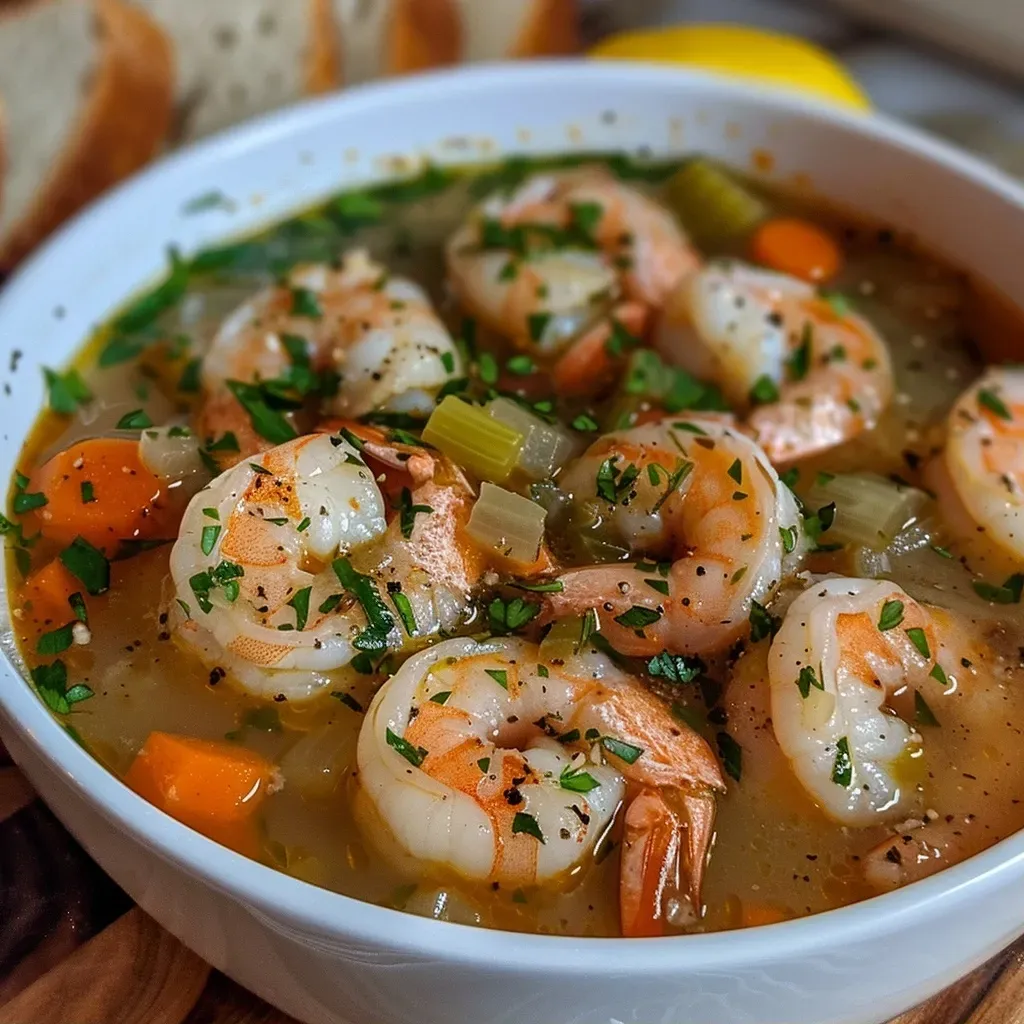 Close-up view of a bowl of Easy Shrimp Soup with fresh shrimp and vegetables.