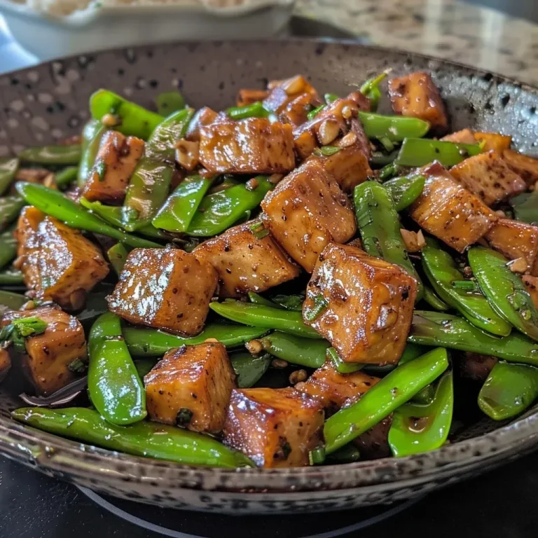 ['Close-up side view of stir-fried tempeh with snap peas and garlic.', 'Juicy stir-fried tempeh triangles garnished with green snap peas.', 'Colorful plate featuring crispy tempeh and vibrant snap peas.', 'Detailed view of sizzling tempeh stir-fry with minced ginger and garlic.']