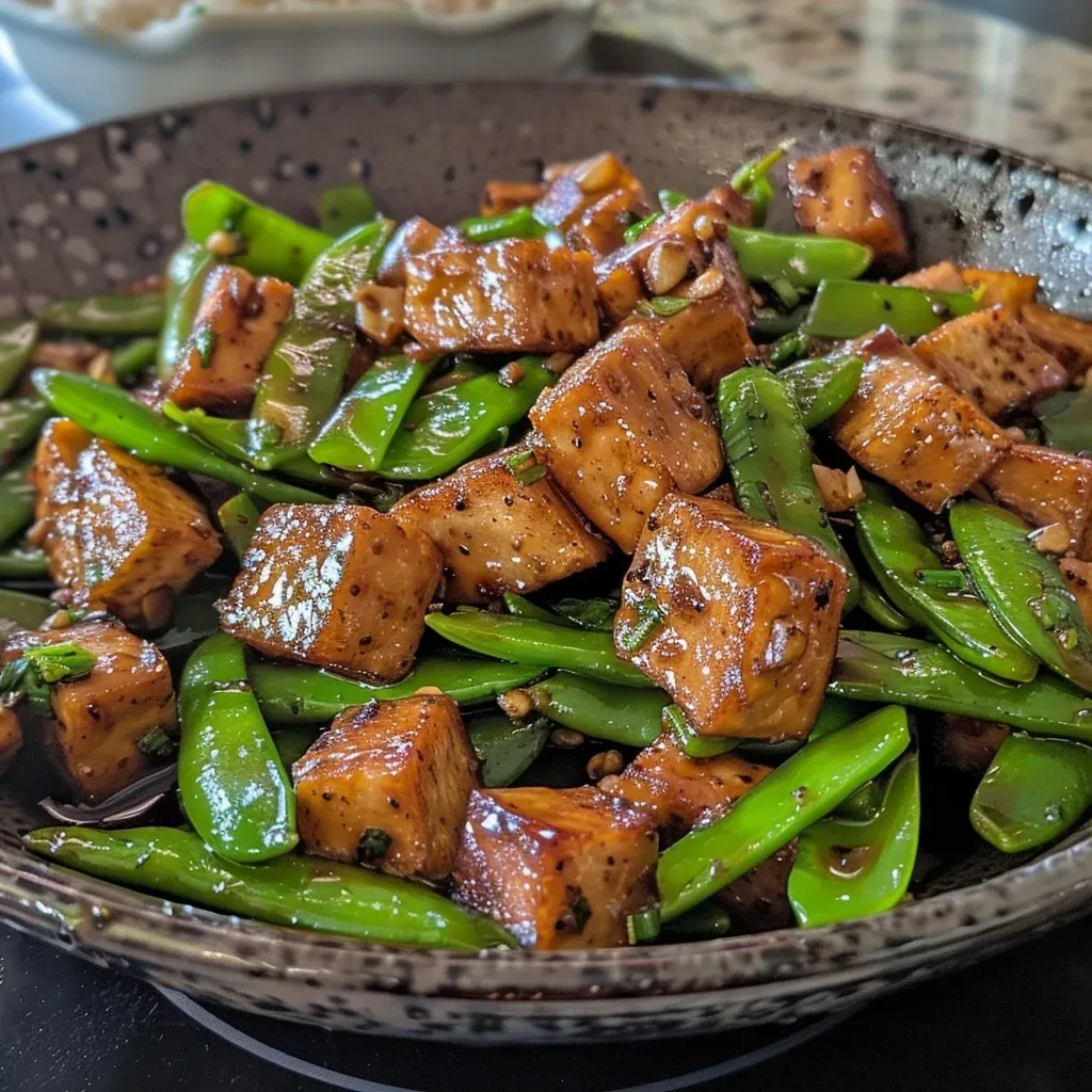 Close-up side view of stir-fried tempeh with snap peas and garlic.
