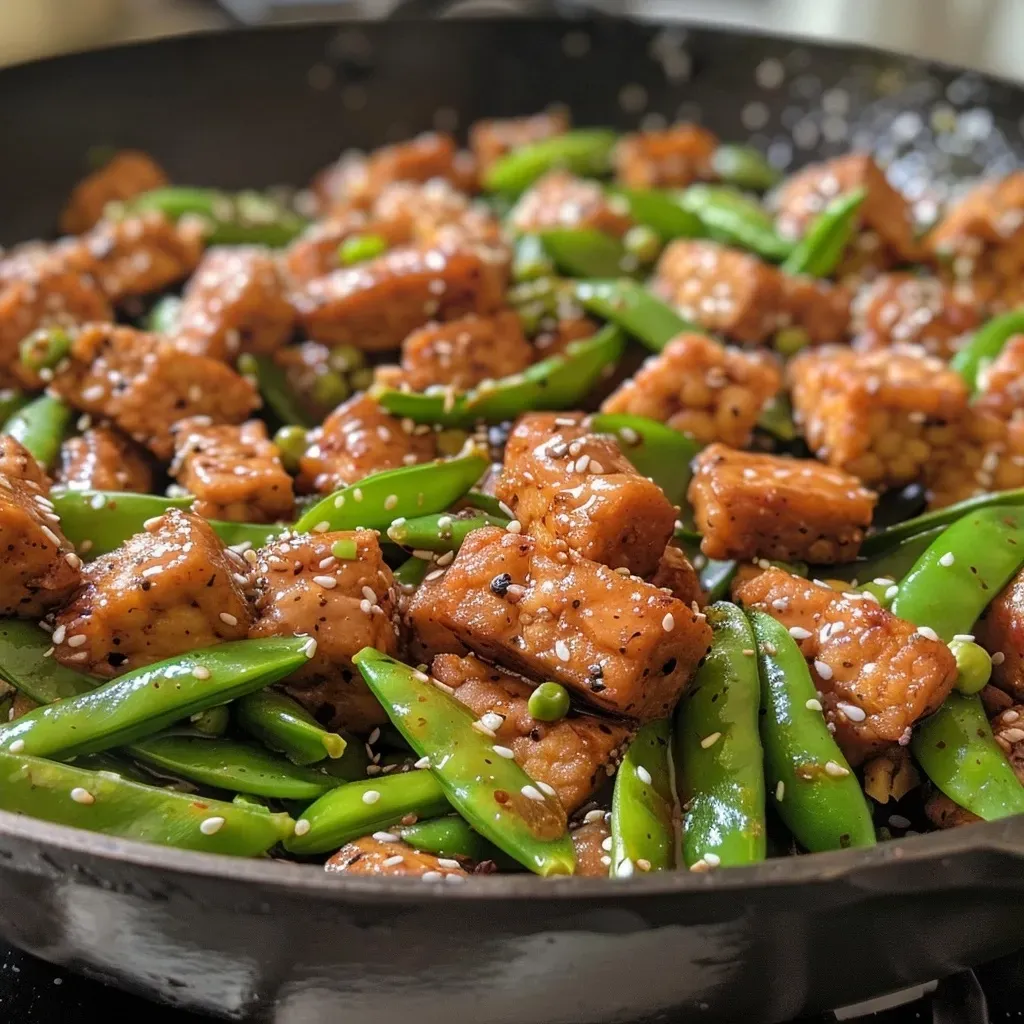Close-up side view of stir-fried tempeh with snap peas and garlic.