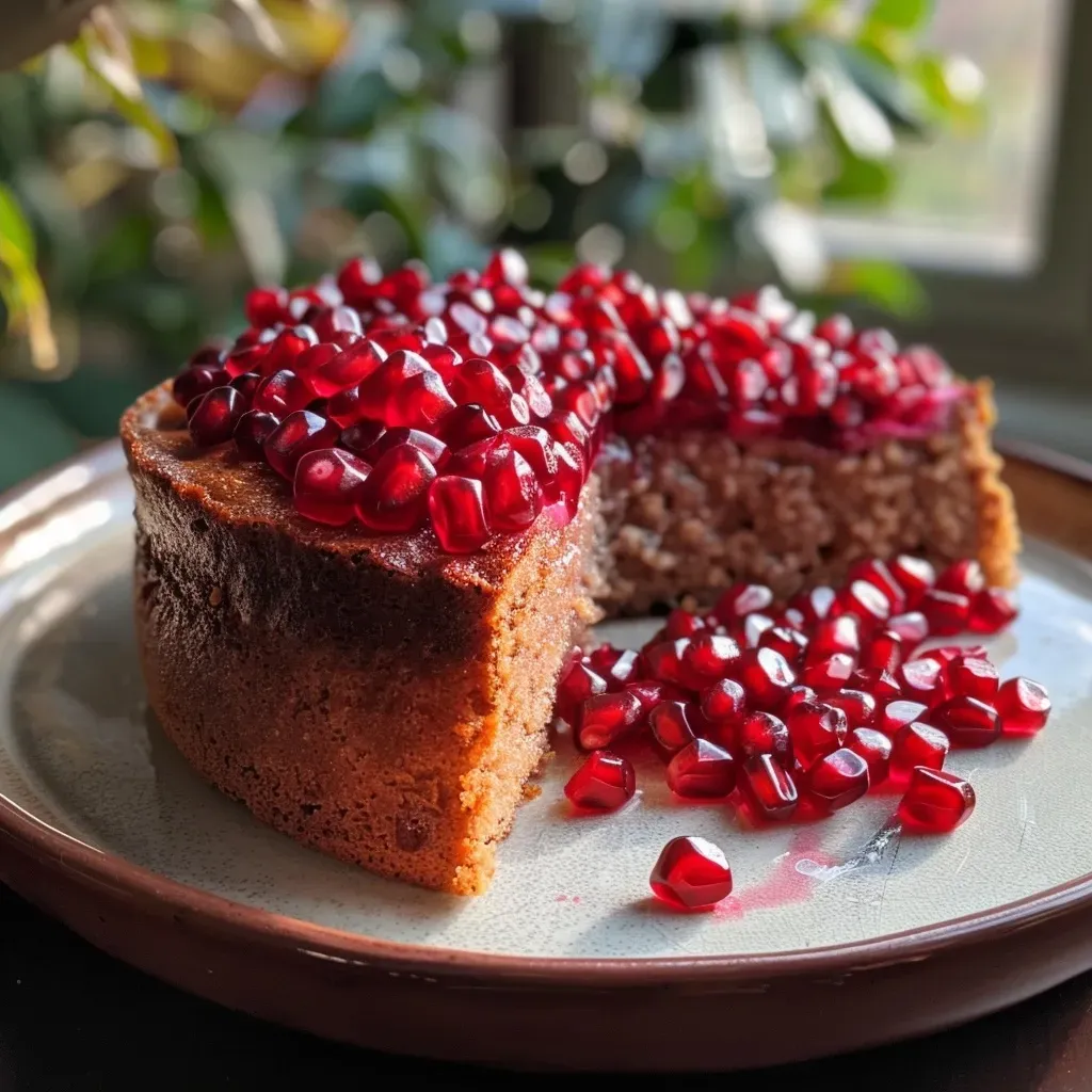 ['Close-up view of a moist vegan pomegranate cake, showcasing its vibrant red pomegranate arils on top.', 'Side view of Easy Vegan Pomegranate Cake, highlighting its fluffy texture and creamy frosting.', 'Delicious vegan pomegranate cake slice with glistening pomegranate seeds arranged on top.', 'Lush pomegranate cake captured with an iPhone, emphasizing its soft layers and colorful toppings.']