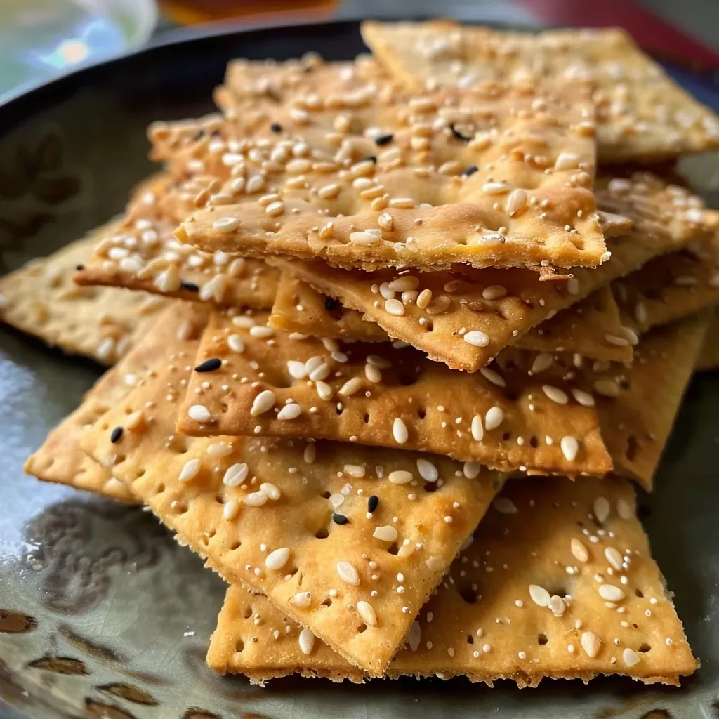 ['Close-up of crispy gluten-free crackers with a golden-brown hue and visible sesame and poppy seeds.', 'Side view of homemade gluten-free crackers featuring a crunchy texture and sprinkled toppings.', 'Detailed view of gluten-free crackers, highlighting their crispy edges and savory seasoning.', 'Freshly baked gluten-free crackers arranged neatly, showcasing a variety of seed toppings.']