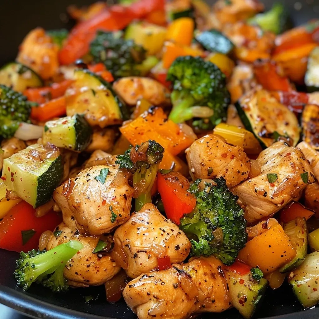 Close-up of juicy air-fried chicken pieces mixed with colorful vegetables.