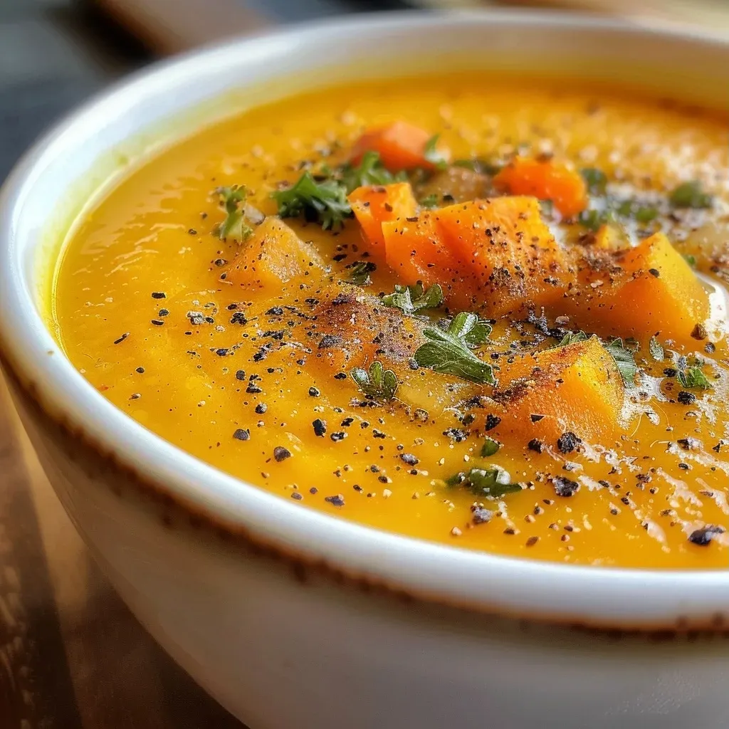 Close-up view of creamy butternut squash soup in a bowl with a sprinkle of spices.