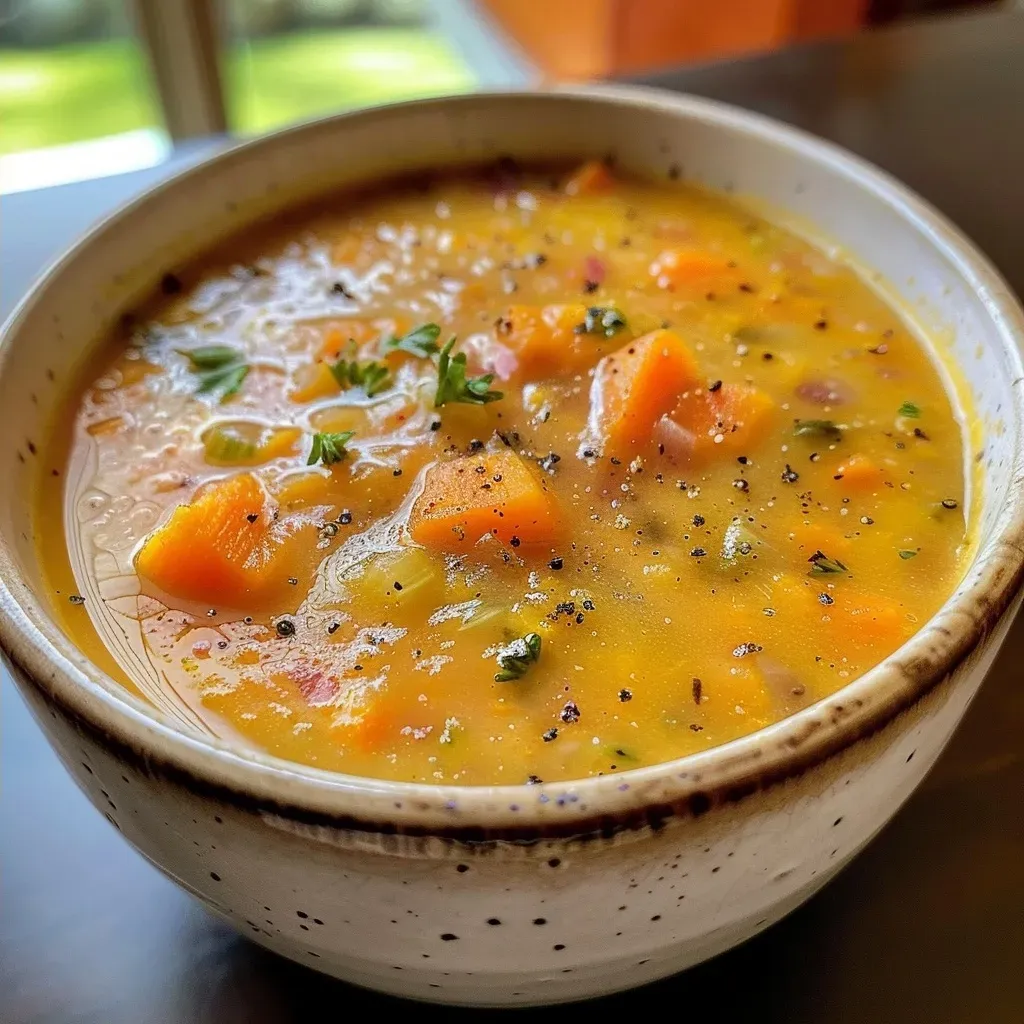 Close-up view of creamy butternut squash soup in a bowl with a sprinkle of spices.