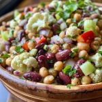 ['A colorful Healthy Cauliflower Bean Salad displayed in a bowl, showcasing various beans and fresh vegetables.', 'Close-up view of a vibrant salad featuring cauliflower, beans, and chopped vegetables, garnished with herbs.', 'A side view of a delicious salad with beans and cauliflower, emphasizing the fresh ingredients and textures.', 'A healthy salad made with cauliflower florets and mixed beans, garnished with chopped parsley and colorful veggies.']