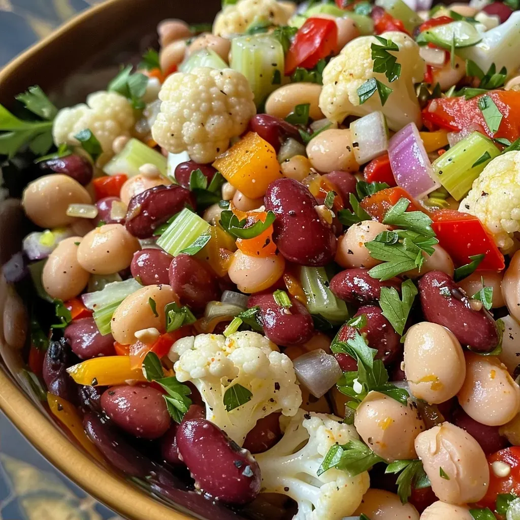A colorful Healthy Cauliflower Bean Salad displayed in a bowl, showcasing various beans and fresh vegetables.